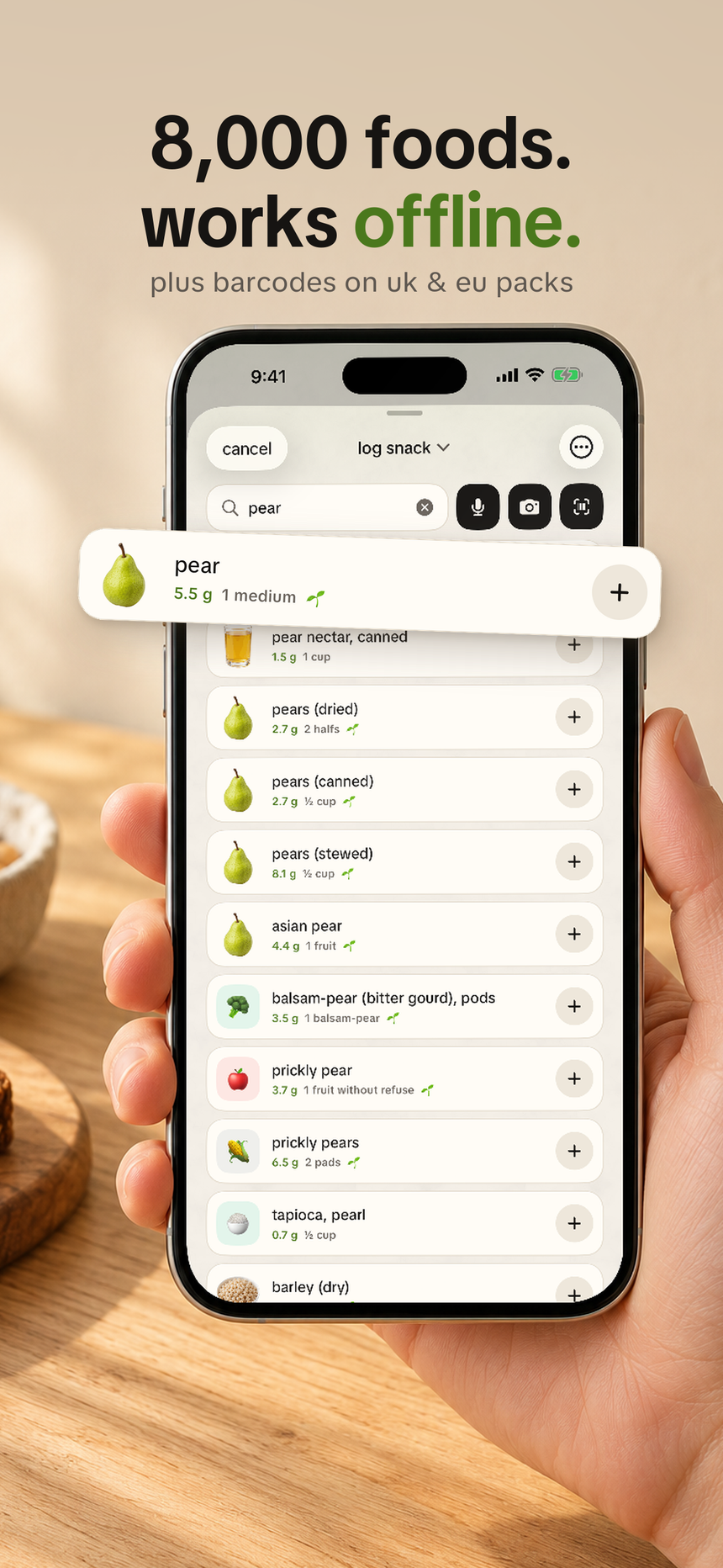 App Store panel: 8,000 foods, works offline