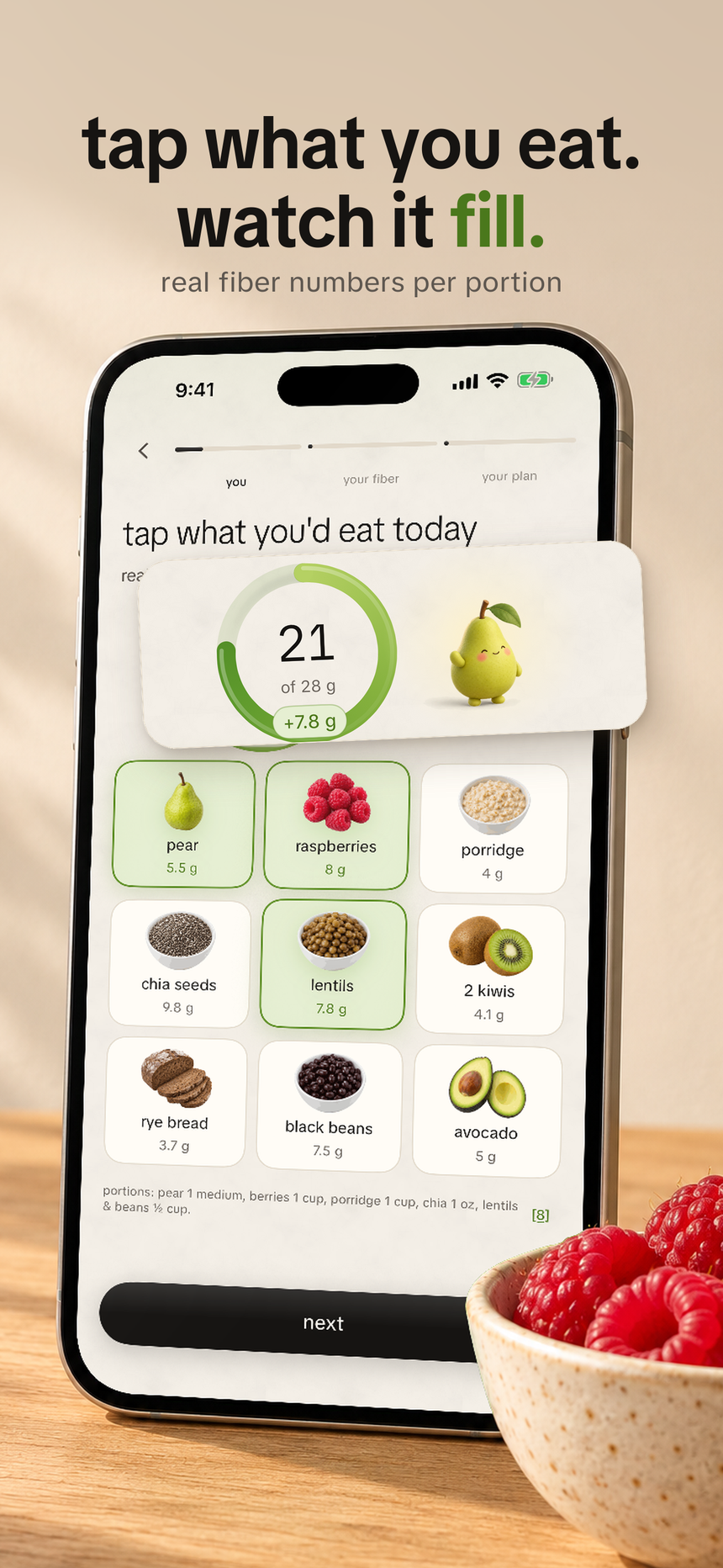 App Store panel: tap what you eat and watch the ring fill