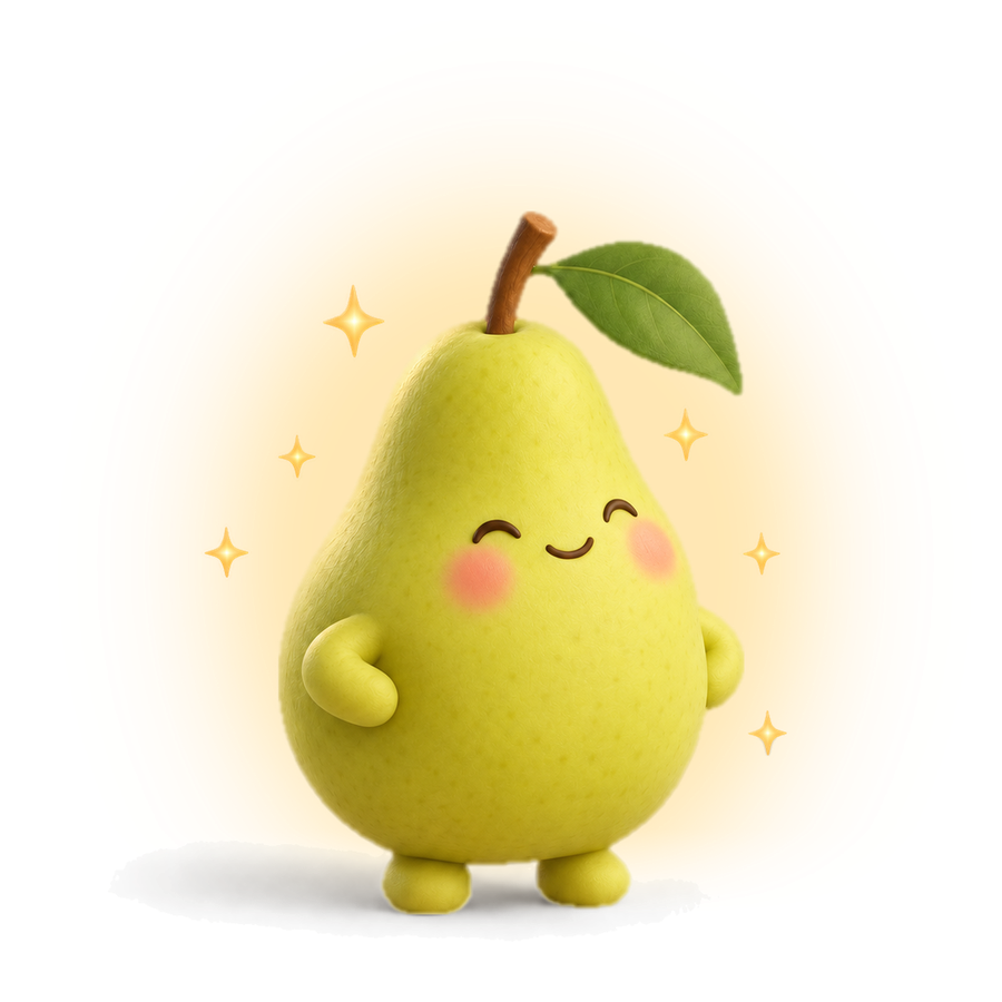 pip, Fiberday's pear mascot, smiling with a few sparkles around her