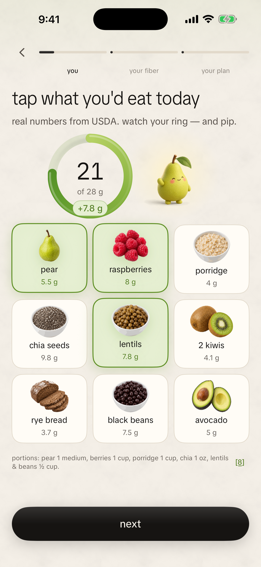 Tapping pear, raspberries and lentils fills the fiber ring to 21 of 28 g
